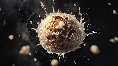 An engaging top-down view of mushroom risotto floating, with droplets of cream shimmering on the rice and mushrooms, captured in a dynamic moment with energetic splashes against a dark backdrop. -の素材