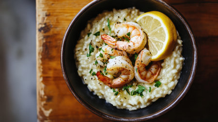 An enticing overhead shot of lemon-infused risotto topped with shrimp, set in a rustic bowl on a wooden table, capturing the dish's freshness and inviting appeal.の素材