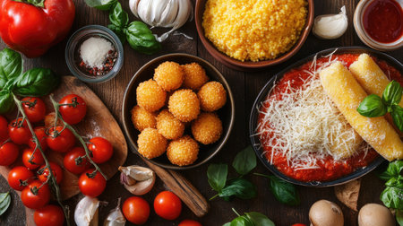 An enticing overhead shot of a traditional Italian meal set, showcasing delicious arancini, polenta, and parmigiana, beautifully presented with fresh ingredients, embodying the spirit of Italy.の素材