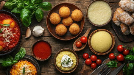 An enticing overhead shot of a traditional Italian meal set, showcasing delicious arancini, polenta, and parmigiana, beautifully presented with fresh ingredients, embodying the spirit of Italy.の素材