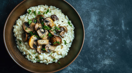 An enticing top view of mushroom risotto served in a brown plate, highlighting the creamy texture and earthy tones, with a dark slate background providing an elegant contrast and ample copy space.の素材