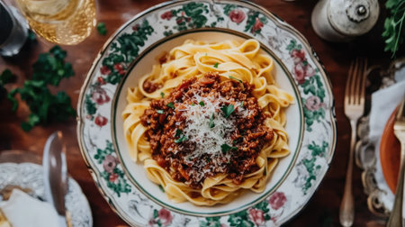 An inviting overhead image of a generous portion of tagliatelle pasta tossed in a flavorful bolognese sauce, garnished with a sprinkle of Parmesan and fresh herbs on a beautifully set table.の素材