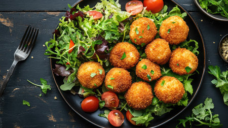 An inviting overhead shot of a platter filled with crispy arancini, showcasing their golden exterior and rich filling, served alongside a fresh salad and garnished with herbs for a delightful Italian mealの素材