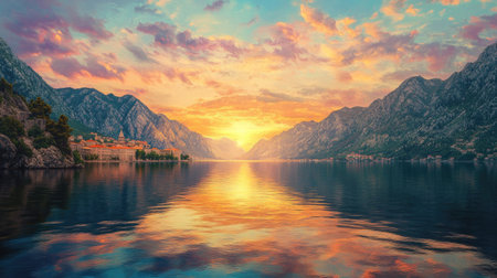 An enchanting sunset over Kotor's bay, capturing the warm glow illuminating the historic architecture and rugged cliffs, with tranquil waters mirroring the colorful sky.の素材