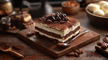 An eye-catching view of a Tiramisu dessert, featuring its rich cocoa layers and fluffy mascarpone, artistically arranged to capture the essence of this classic Italian treatの素材