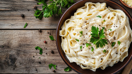 An inviting shot of a generous serving of fettuccine pasta drenched in creamy Alfredo sauce, garnished with fresh parsley and cracked black pepper, set against a rustic wooden table.の素材