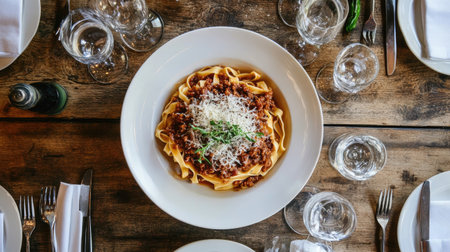 An inviting overhead image of a generous portion of tagliatelle pasta tossed in a flavorful bolognese sauce, garnished with a sprinkle of Parmesan and fresh herbs on a beautifully set table.の素材