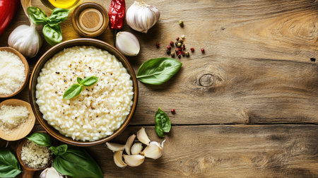 An inviting image of creamy risotto in a bowl, surrounded by fresh ingredients on a wooden table, creating a cozy atmosphere with plenty of copy space for text or branding.の素材