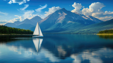 An idyllic scene of a sailboat gliding through the clear waters of a blue lake, with majestic mountains reflecting in the water, offering a serene escape into nature's beauty.の素材