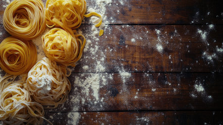 An overhead view of various uncooked pasta types elegantly arranged on a rustic wooden table, with flour dusted around, creating a warm and inviting atmosphere that celebrates Italian cuisine.の素材