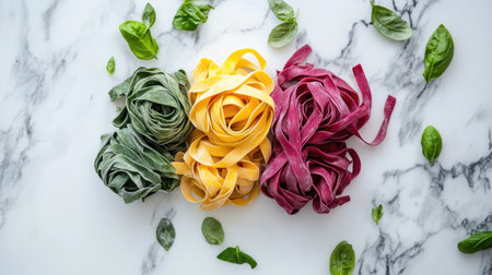 An overhead shot of colorful homemade pasta, including spinach and beetroot varieties, beautifully displayed on a marble countertop, emphasizing freshness and natural ingredients for a culinary appeal.の素材