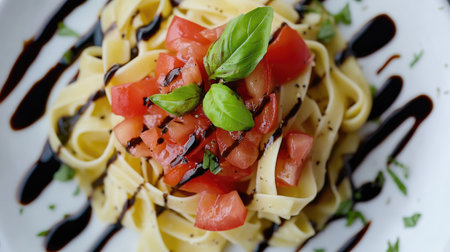 An inviting top view of linguine pasta with diced tomatoes and fresh basil, elegantly plated with a drizzle of balsamic reduction, showcasing a delightful combination of flavors.の素材