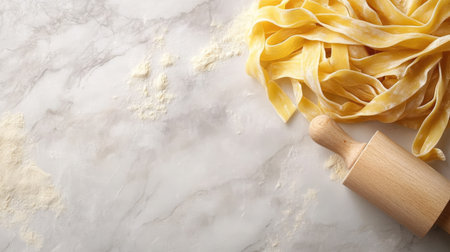 Fresh pasta dough alongside a rolling pin on a countertop, with significant empty space on one side, great for recipe cards, website headers, or any food-related branding.の素材