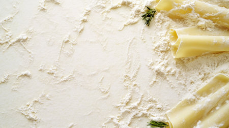 Freshly rolled pasta sheets spread out on a flour-dusted surface with a large blank space, ideal for adding a message, recipe, or branding. A rustic, inviting vibe for food-themed projects.の素材