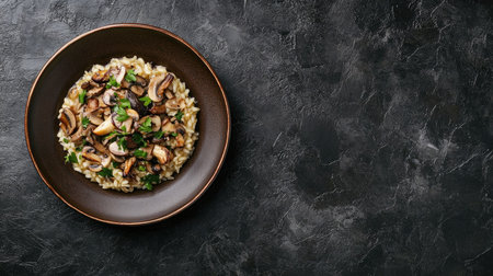 An inviting top view of Italian mushroom risotto in a rustic brown plate, beautifully displayed on a dark slate surface, creating a rich visual contrast with plenty of copy space for culinary descriptions.の素材