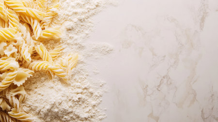 Uncooked pasta and flour on a modern kitchen countertop with large open copy space on one side, perfect for adding text, recipes, or logos in food industry promotions. -の素材