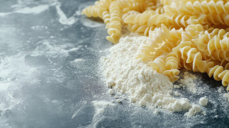 Uncooked pasta and flour on a modern kitchen countertop with large open copy space on one side, perfect for adding text, recipes, or logos in food industry promotions. -の素材