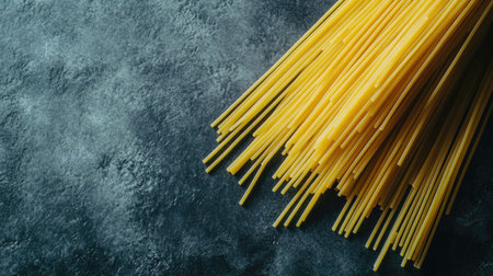 Fresh pasta strands delicately arranged on a gray stone surface, with wide open copy space for food-related announcements, perfect for restaurant promotions or culinary publications. -の素材