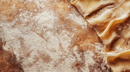 Freshly rolled pasta sheets spread out on a flour-dusted surface with a large blank space, ideal for adding a message, recipe, or branding. A rustic, inviting vibe for food-themed projects.の素材