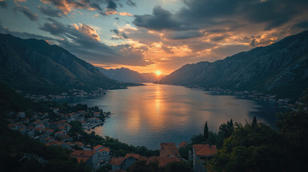 A serene sunset over Kotor's bay, showcasing the tranquil waters reflecting the fiery sky, framed by lush green hills and quaint village rooftops, creating a picturesque Mediterranean view.の素材
