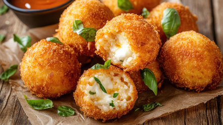 A mouthwatering presentation of arancini on a rustic wooden table, featuring several fried rice balls filled with creamy mozzarella, garnished with fresh basil and served with a tangy dipping sauce.の素材