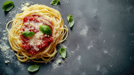 A mouthwatering overhead view of pasta drizzled with savory tomato sauce, topped with fresh basil leaves and cheese, artfully displayed on a gray textured surface for a modern dining aesthetic.の素材
