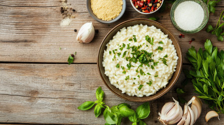 An appealing top view of risotto served in a bowl, surrounded by ingredients on a rustic wooden table, allowing for plenty of copy space for branding or text overlays.の素材