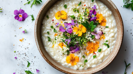 An appealing overhead shot of risotto served in a bowl, garnished with edible flowers and fresh herbs, highlighting its colorful presentation against a simple, light background.の素材