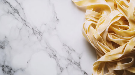 An elegant composition featuring fresh pasta on a marble countertop, with plenty of blank space to the right, perfect for food blogs or advertising copy.の素材
