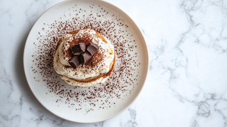 A stunning overhead view of Tiramisu on a white plate, focusing on the intricate layers of creamy mascarpone and chocolate dusting, set against a soft background for an elegant dessert look.の素材