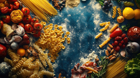 A top-down perspective of a vibrant pasta preparation scene, featuring fresh ingredients and raw pasta in different shapes, emphasizing the art of Italian cooking with a modern twist. -の素材