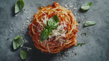 A mouthwatering overhead view of pasta drizzled with savory tomato sauce, topped with fresh basil leaves and cheese, artfully displayed on a gray textured surface for a modern dining aesthetic.の素材