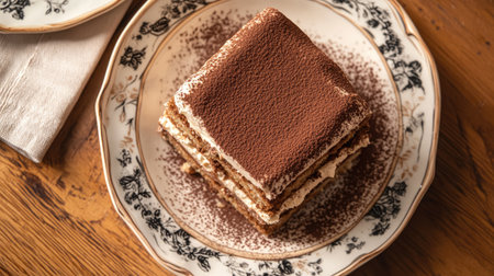 An overhead shot of Tiramisu, highlighting its delightful layers of cocoa and creamy mascarpone, presented on a stylish dish to emphasize the dessert classic Italian charm.の素材