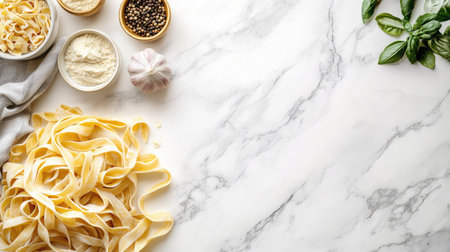 An elegant composition featuring fresh pasta on a marble countertop, with plenty of blank space to the right, perfect for food blogs or advertising copy.の素材