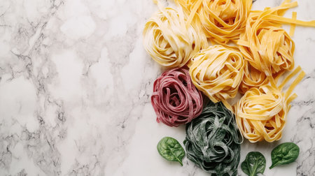 An overhead shot of colorful homemade pasta, including spinach and beetroot varieties, beautifully displayed on a marble countertop, emphasizing freshness and natural ingredients for a culinary appeal.の素材