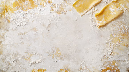 Freshly rolled pasta sheets spread out on a flour-dusted surface with a large blank space, ideal for adding a message, recipe, or branding. A rustic, inviting vibe for food-themed projects.の素材