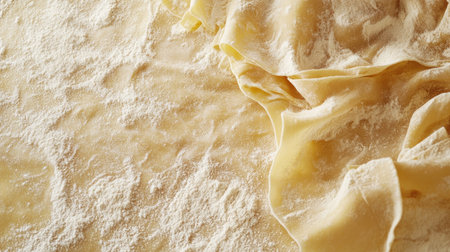Freshly rolled pasta sheets spread out on a flour-dusted surface with a large blank space, ideal for adding a message, recipe, or branding. A rustic, inviting vibe for food-themed projects.の素材