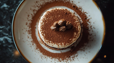An overhead shot of Tiramisu, highlighting its delightful layers of cocoa and creamy mascarpone, presented on a stylish dish to emphasize the dessert classic Italian charm.の素材