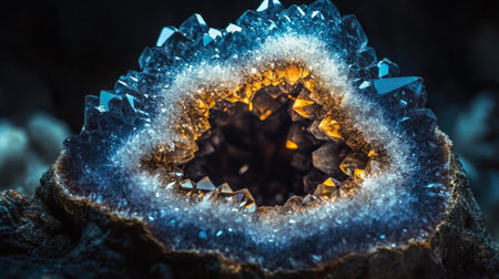 Explore the mesmerizing beauty of a geode crystal in this captivating close-up image. The intricate details and sparkling facets reveal the natural wonder within.の素材