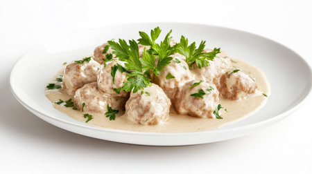 A beautifully styled presentation of Swedish meatballs on a white plate, garnished with fresh herbs, ideal for culinary showcases or food-related projects.の素材