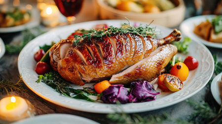 A beautifully presented roasted duck garnished with fresh herbs and vibrant vegetables, perfect for a festive dining experience or holiday celebration.の素材
