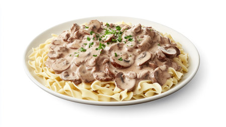 A beautifully styled plate of creamy beef stroganoff over tender pasta, garnished with fresh herbs, perfect for a delightful dinner. Enjoy gourmet comfort food!の素材