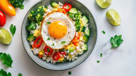 A beautifully styled plate of fried rice topped with a fried egg and colorful vegetables, perfect for a healthy meal or a culinary delight.の素材