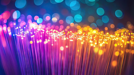 Capture the mesmerizing beauty of vibrant fiber optic threads, showcasing luminous colors and intricate textures in an abstract design. Perfect for technology and artistic themes.の素材