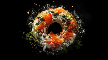 Discover a captivating bagel adorned with fresh salmon, herbs, and cream cheese, creating a vibrant and appetizing culinary masterpiece against a dark background.の素材