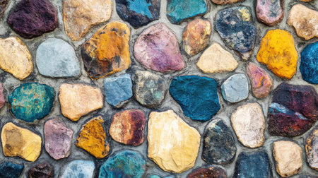 A vibrant close-up of a stone wall showcasing a mix of colorful rocks, creating a visually appealing texture and natural pattern perfect for artistic projects.の素材