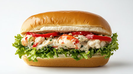 A delicious lobster roll featuring fresh lobster meat, creamy dressing, crisp lettuce, and vibrant tomato, all nestled in a toasted bun. Perfect for seafood lovers!の素材