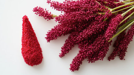 A stunning close-up capture of rich red amaranth flowers alongside a vibrant pod, perfect for showcasing nature's beauty and vibrant colors in any design.の素材