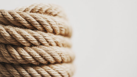 A close-up image of a neatly coiled bundle of natural rope, showcasing its texture and craftsmanship against a soft background, perfect for various design projects.の素材