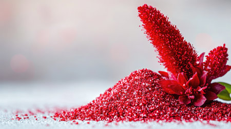 Captivating close-up of rich red amaranth flower, showcasing vibrant petals and shimmering details, perfect for nature and beauty themes in photography.の素材